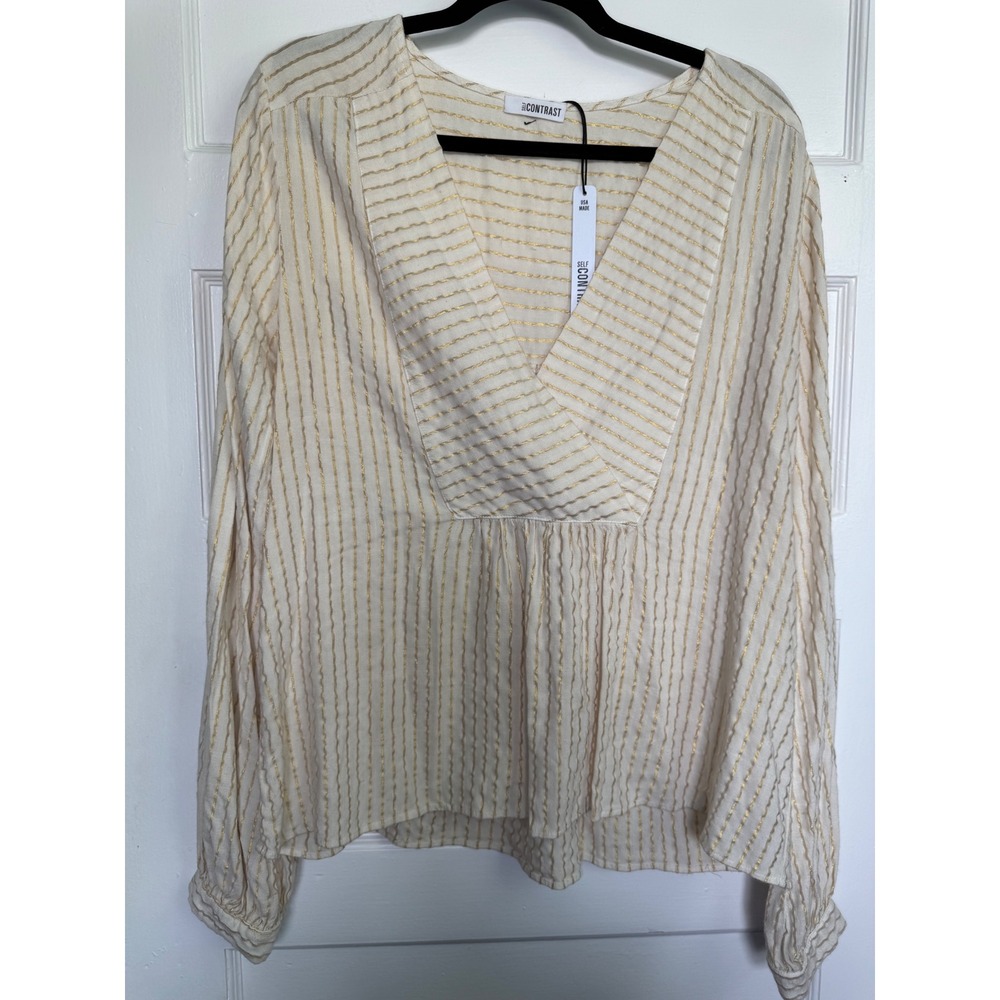 Self Contrast V-Neck Yoke Top Vanilla Gold Metallic Striped Blouse SCT-5932LS S